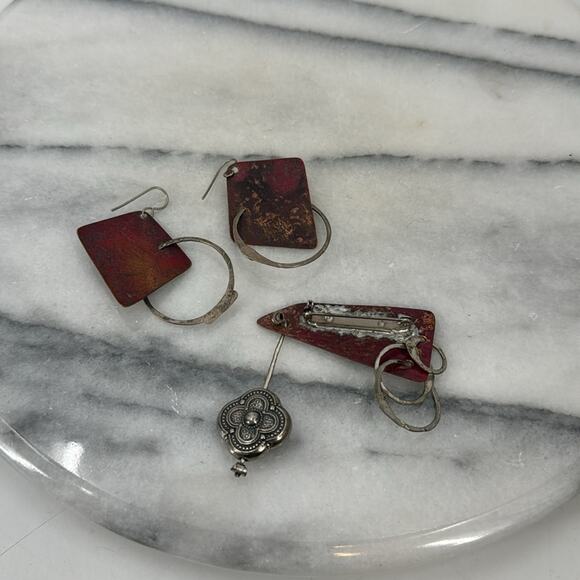 Handmade rustic modern sterling silver abstract hoop earrings and brooch - Picture 5 of 7